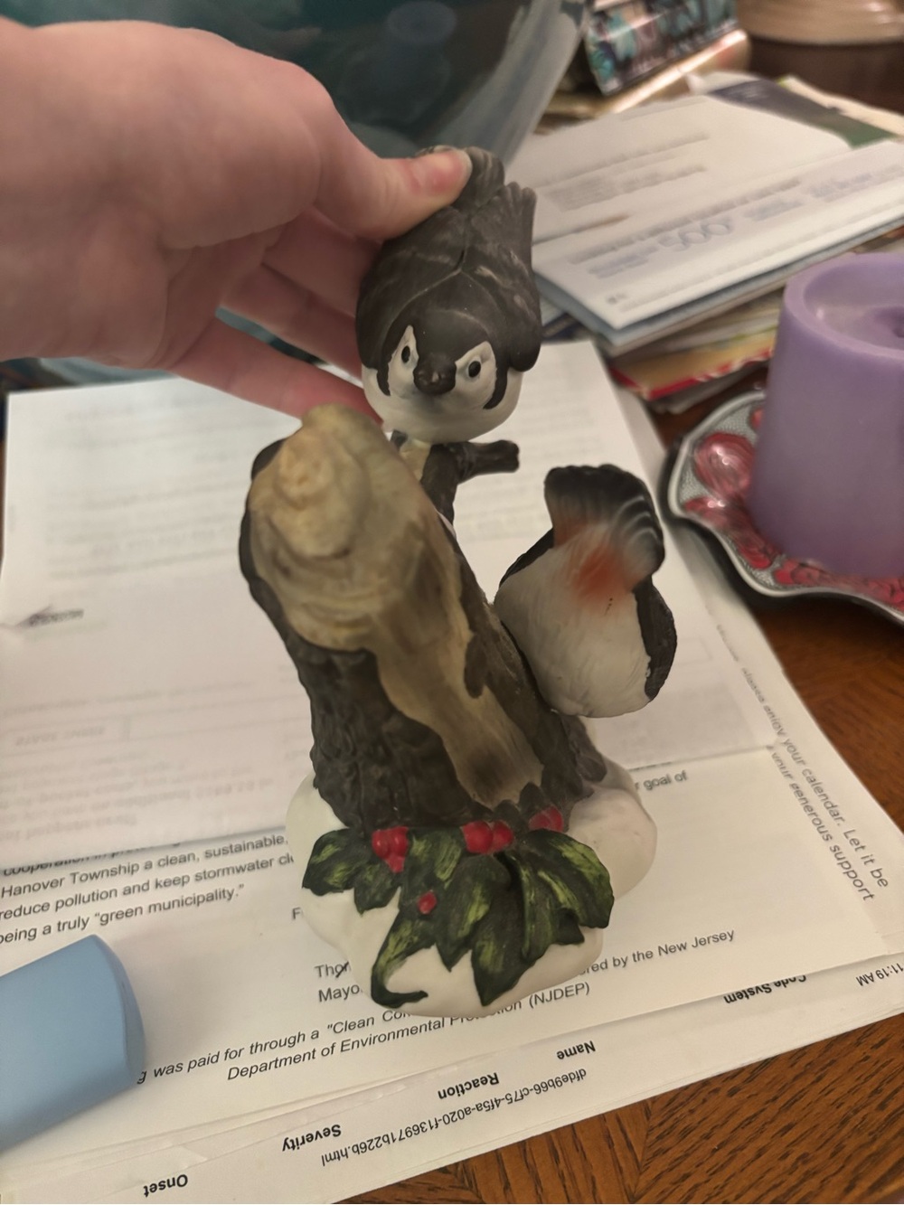 Vintage Limited edition Chickadee Bird Figure with Holly Berries